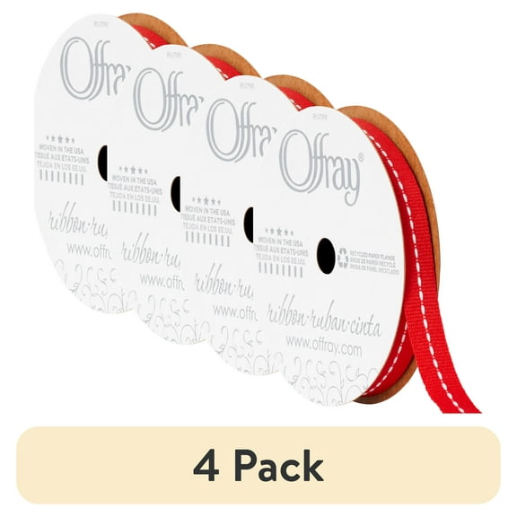 (4 pack) Offray Ribbon, Red 3/8 inch Center Stitch Grosgrain Ribbon for Sewing, Crafts, and Gifting, 12 feet, 1 Each