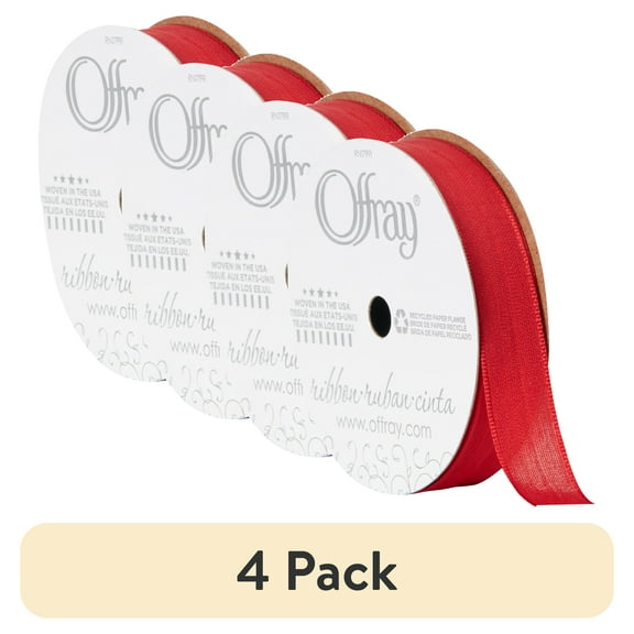 (4 pack) Offray Ribbon, Red 5/8 inch Woven Ribbon, 12 feet