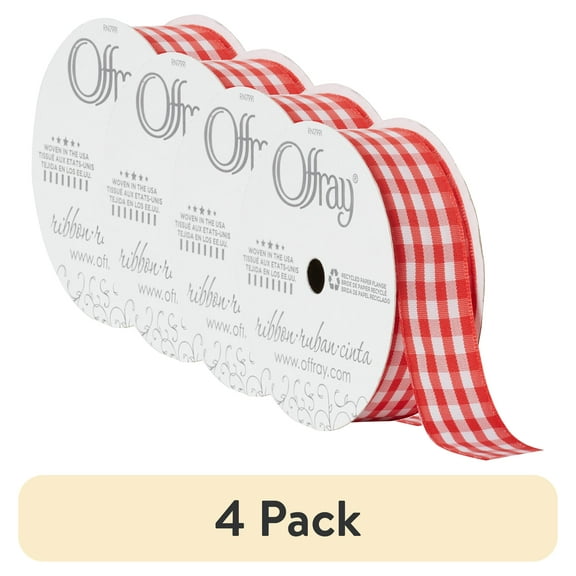 (4 pack) Offray Ribbon, Red 7/8 inch Gingham Check Woven Ribbon, 9 feet