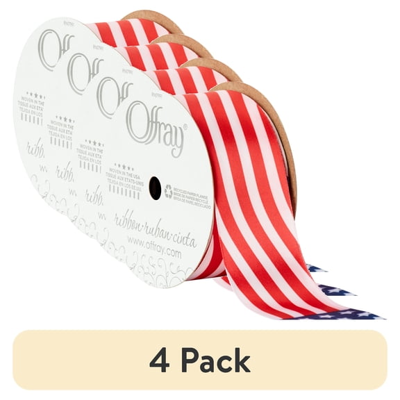 (4 pack) Offray Ribbon, Red White Blue 1 1/2 inch American Flag Satin Ribbon for Sewing, Crafts, and Gifting, 9 feet, 1 Each
