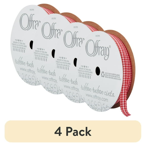 (4 pack) Offray Ribbon, Red and White 1/4 inch Microcheck Woven Ribbon, 12 feet