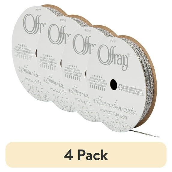 (4 pack) Offray Ribbon, Silver 1/8 inch Metallic Ribbon, 12 feet