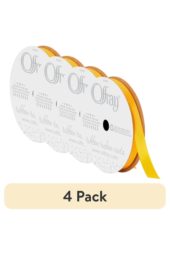 (4 pack) Offray Ribbon, Yellow Gold 3/8 inch Single Face Satin Polyester Ribbon for Sewing, Crafts, and Gifting, 18 feet, 1 Each