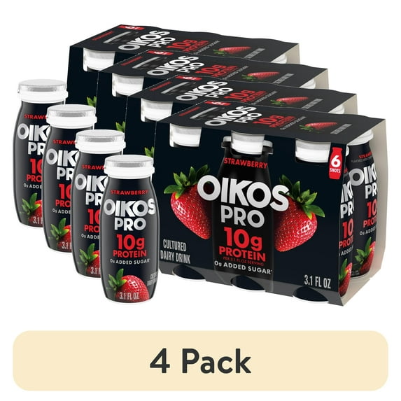 (4 pack) Oikos Pro Shots 0g Added Sugar Strawberry Dairy Drink, 3.1 Fl oz, 6 Ct