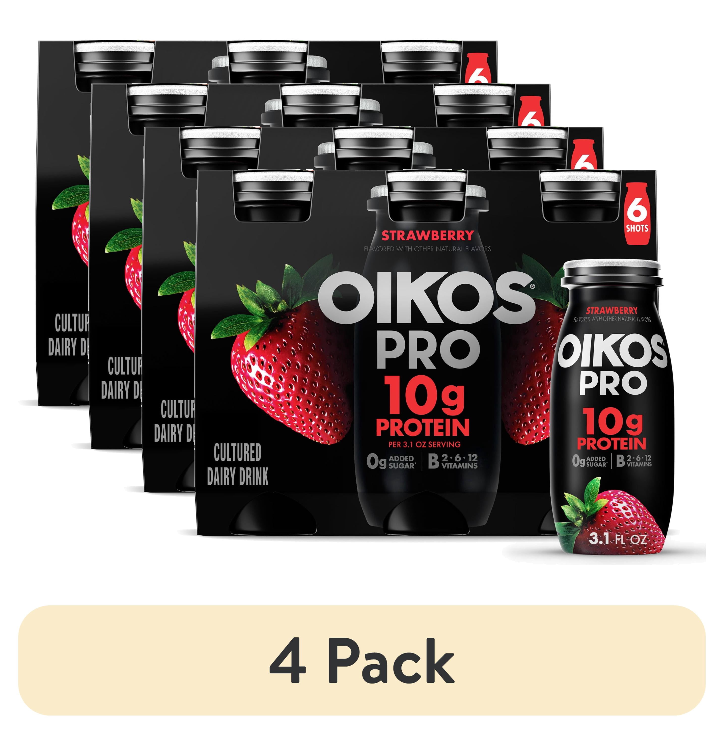 (4 pack) Oikos Pro Shots 10g Protein, Strawberry Cultured Dairy Drinks Bottles, 3.1 fl oz, 6 Count​
