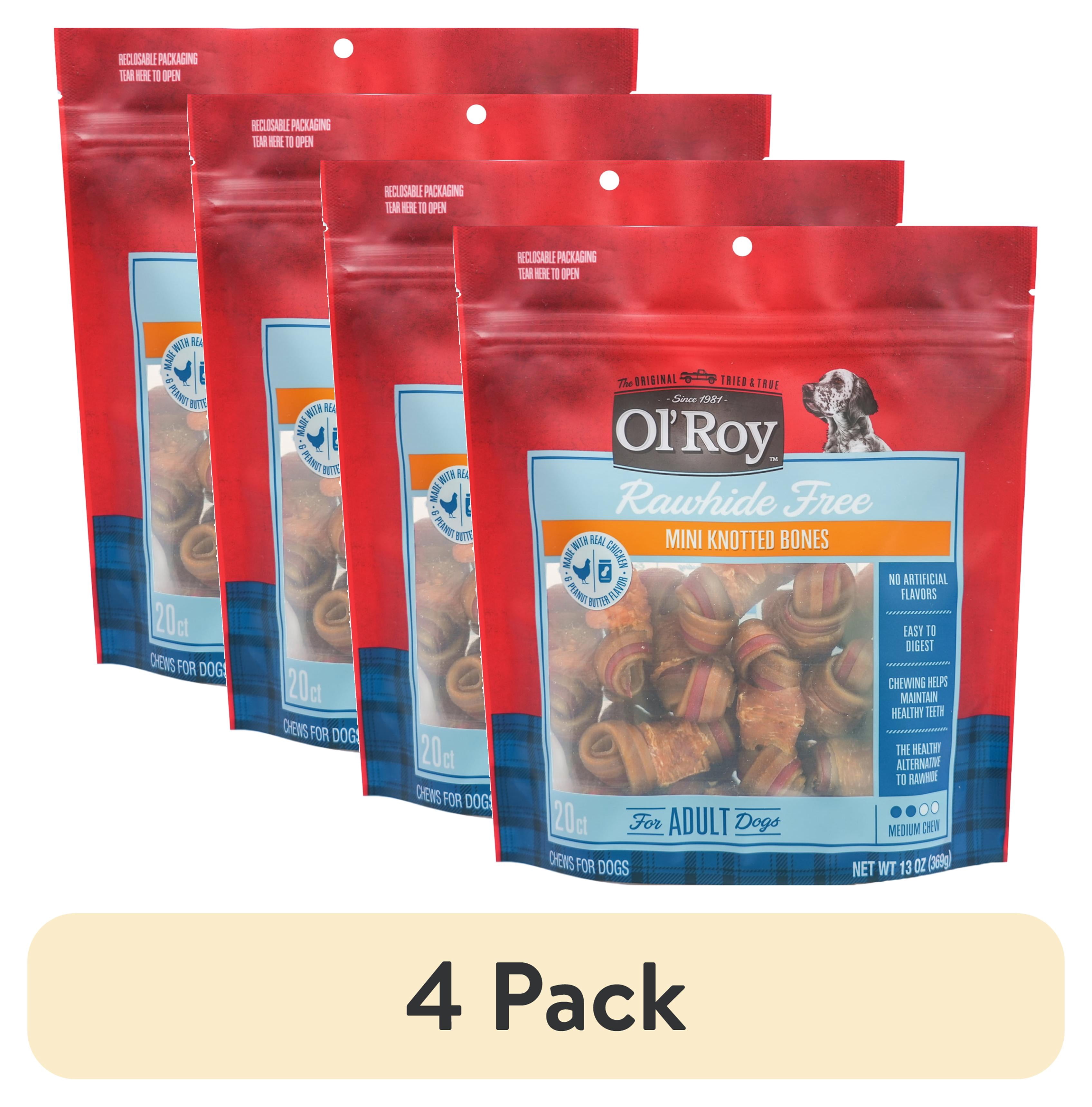(4 pack) Ol' Roy 2.5 Inch Rawhide Free Mini Knotted Peanut Butter Flavored Bones, Chews for Dogs, 13 oz, 20 Count