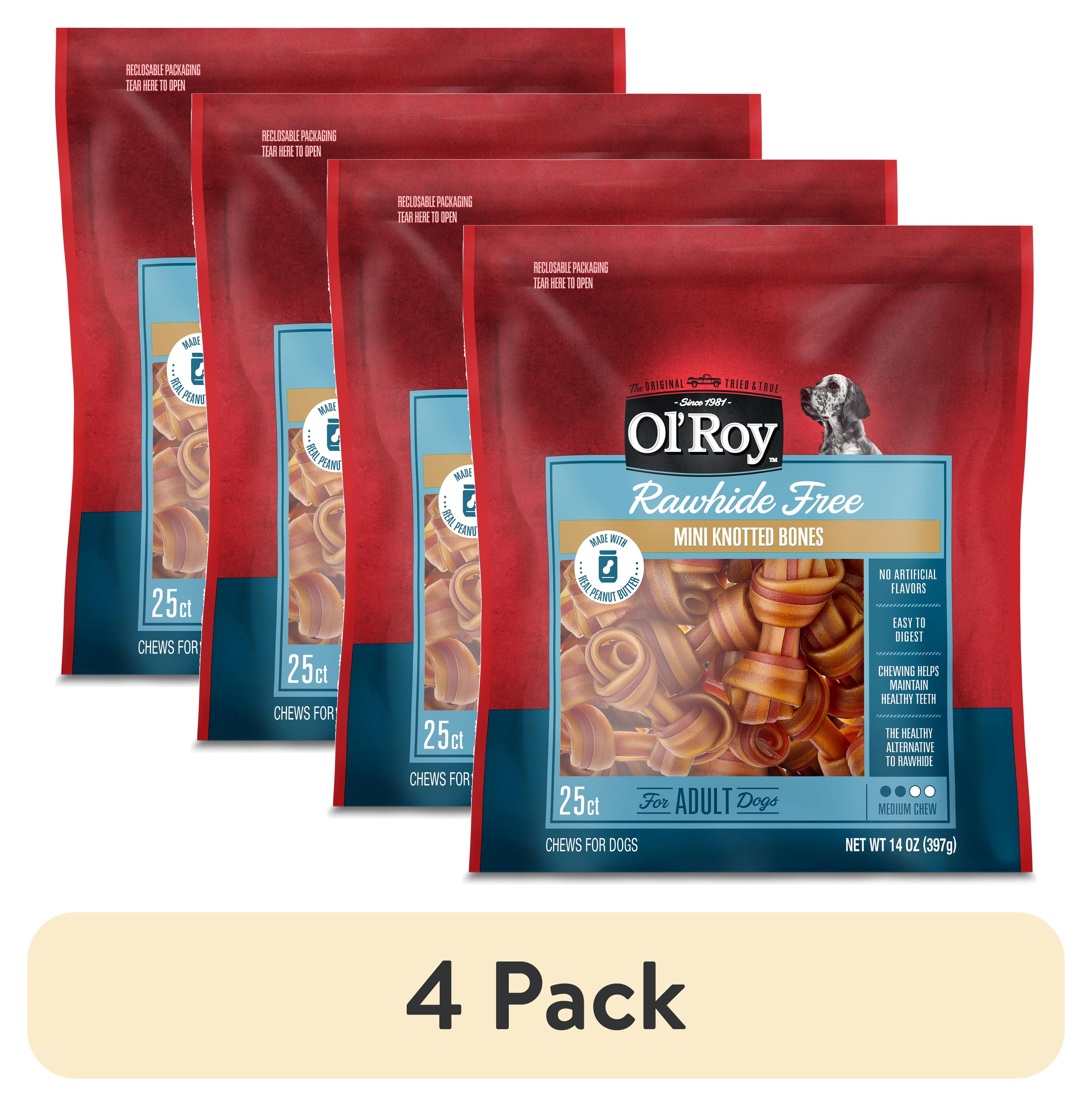 (4 pack) Ol' Roy 2.5 Inch Rawhide Free Mini Knotted Peanut Butter Flavored Bones, Chews for Dogs, 14 oz, 25 Count