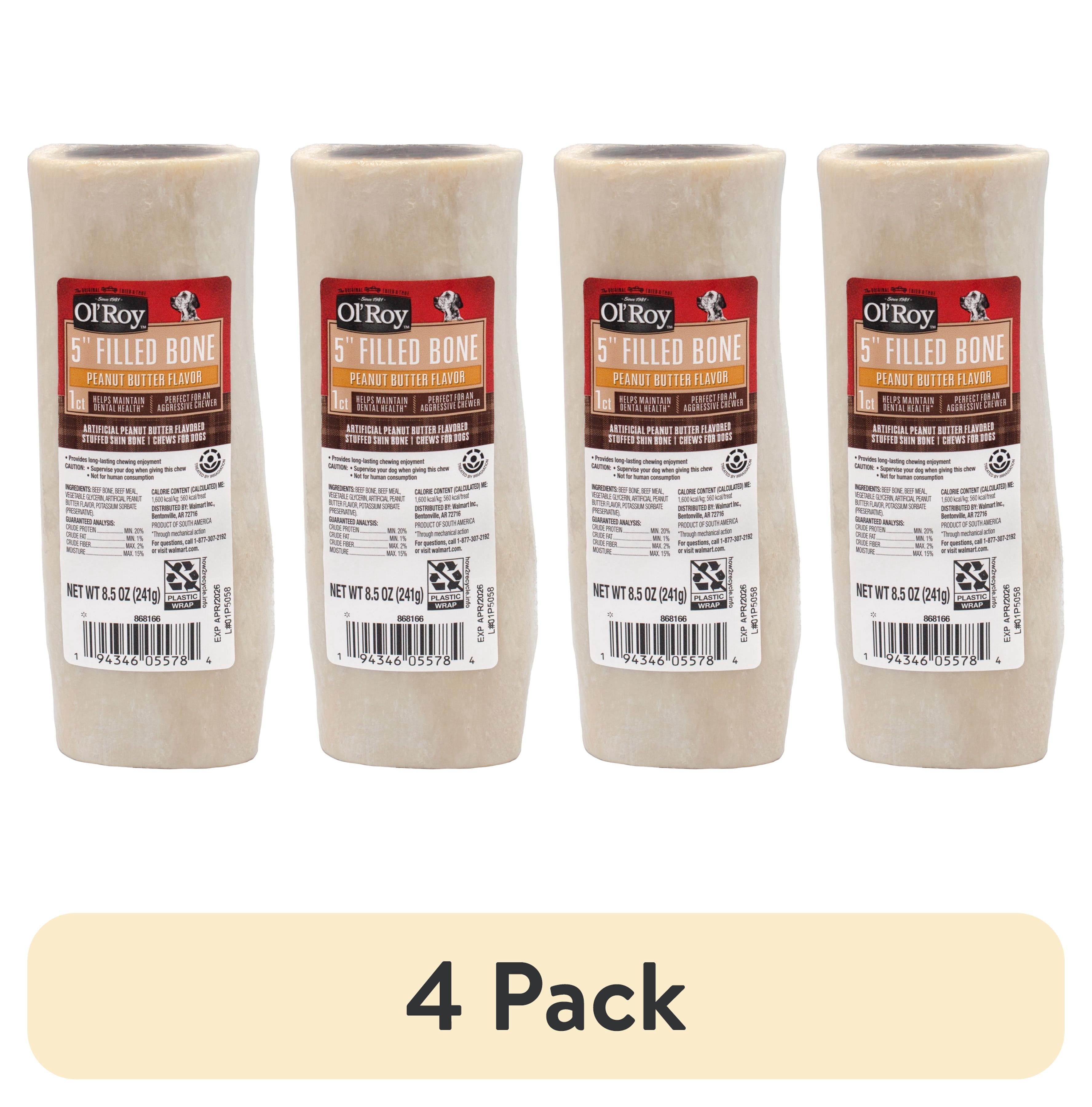 (4 pack) Ol' Roy 5-inch Stuffed Beef Shin Bone Dog Chew, Peanut Butter ...