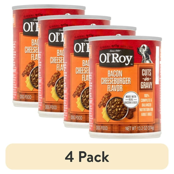 (4 pack) Ol' Roy Bacon, Cheeseburger & Beef Flavor Gravy Wet Dog Food for Adult, 13.2 oz. Can