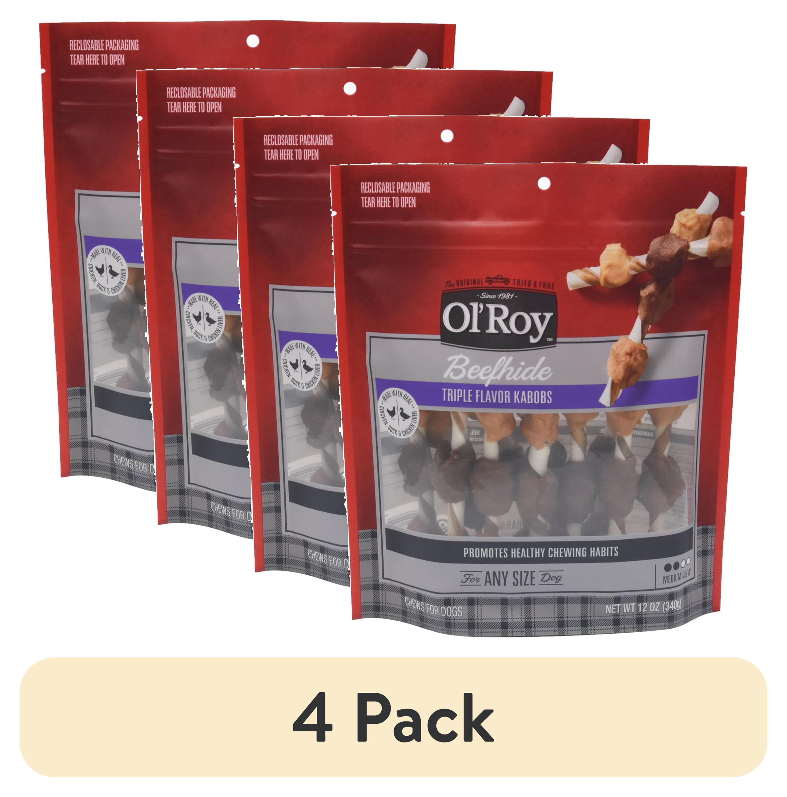 (4 pack) Ol' Roy Beef hide Triple Flavor Kabobs Dry Dog Chews, 12 oz