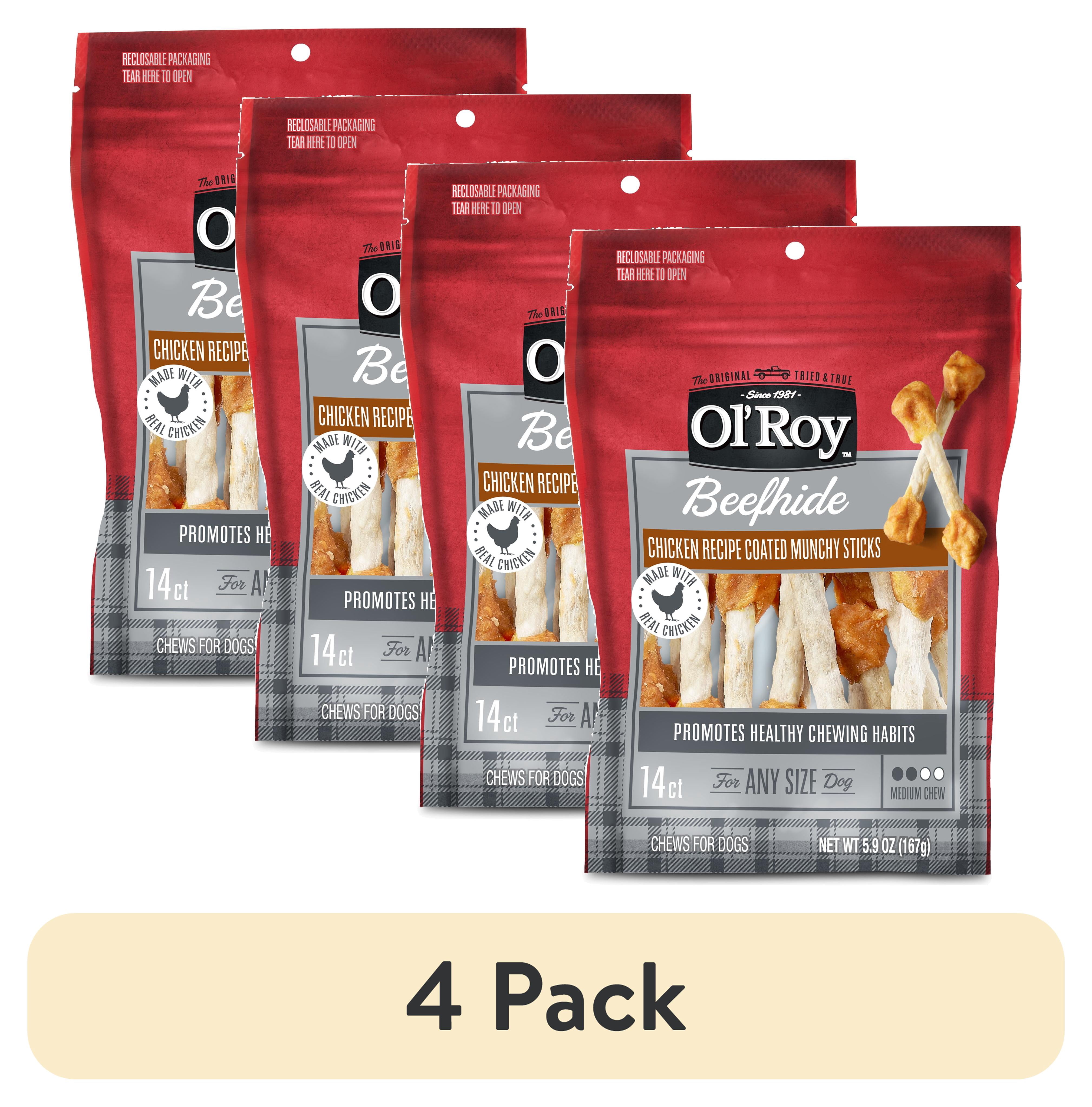 (4 pack) Ol' Roy Beef hide Coated Munchy Sticks, Chicken Recipe, Dry Training Treats for Dogs, 5.9 oz, 14 Count Bag