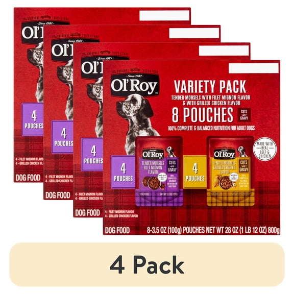 (4 pack) Ol' Roy Tender Morsels Filet Mignon and Grilled Chicken Cuts in Gravy Variety Pack, 3.5 oz Pouches, 8 Pack