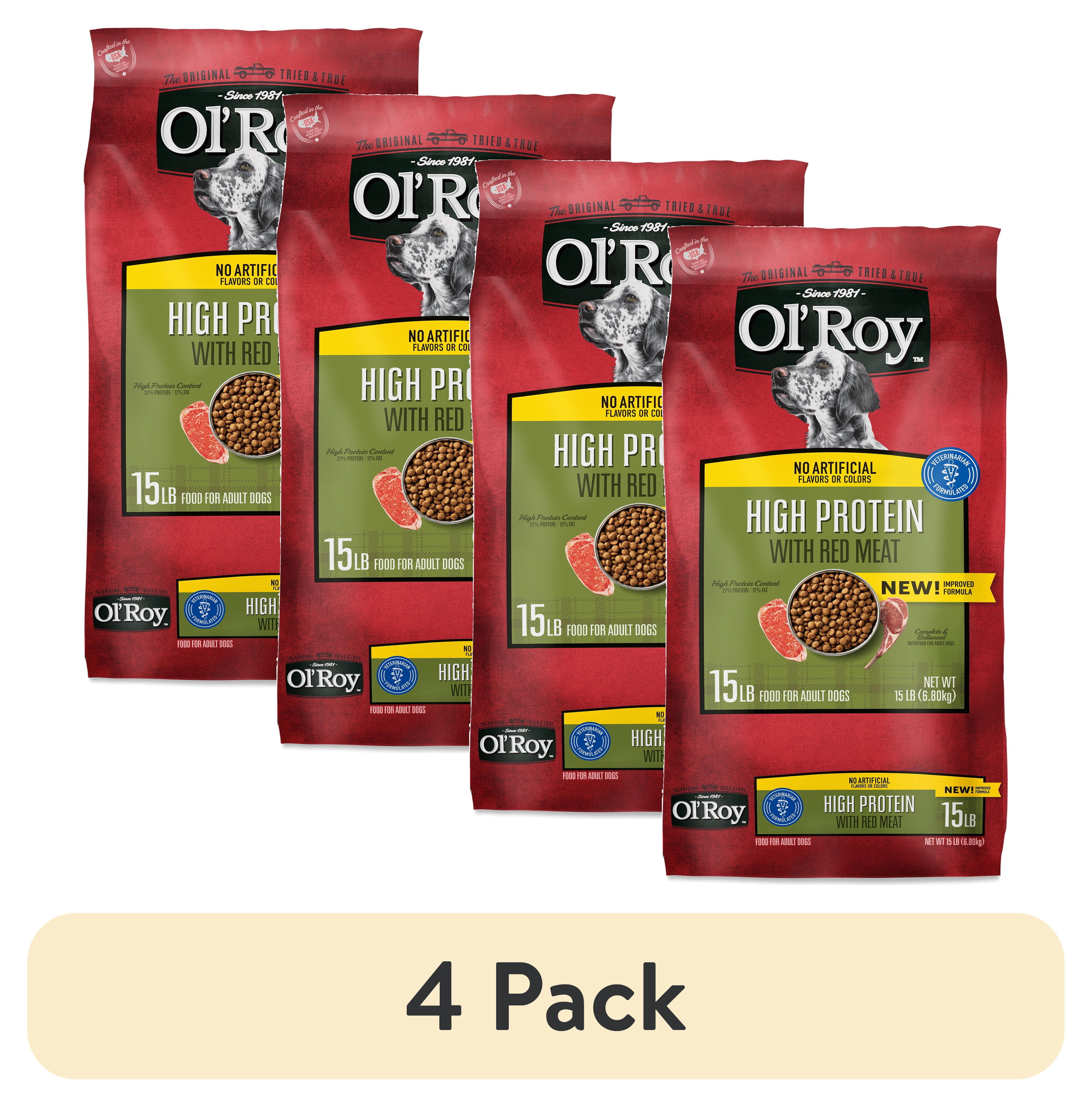 (4 pack) Ol' Roy High Protein with Red Meat Dry Dog Food for Adult Dogs, 15 lb Bag