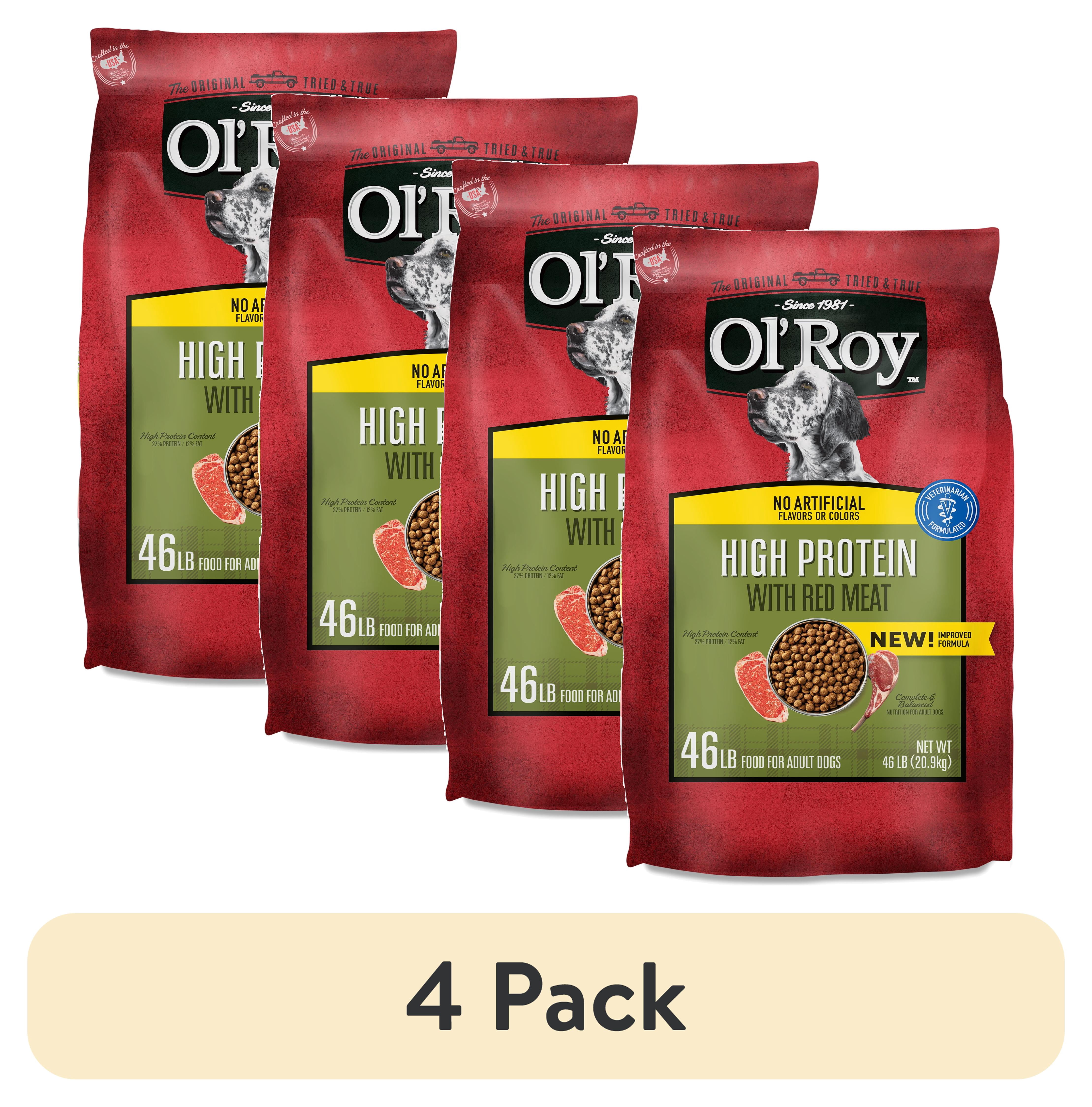 (4 pack) Ol' Roy High Protein with Red Meat Dry Dog Food, 46 lb Bag