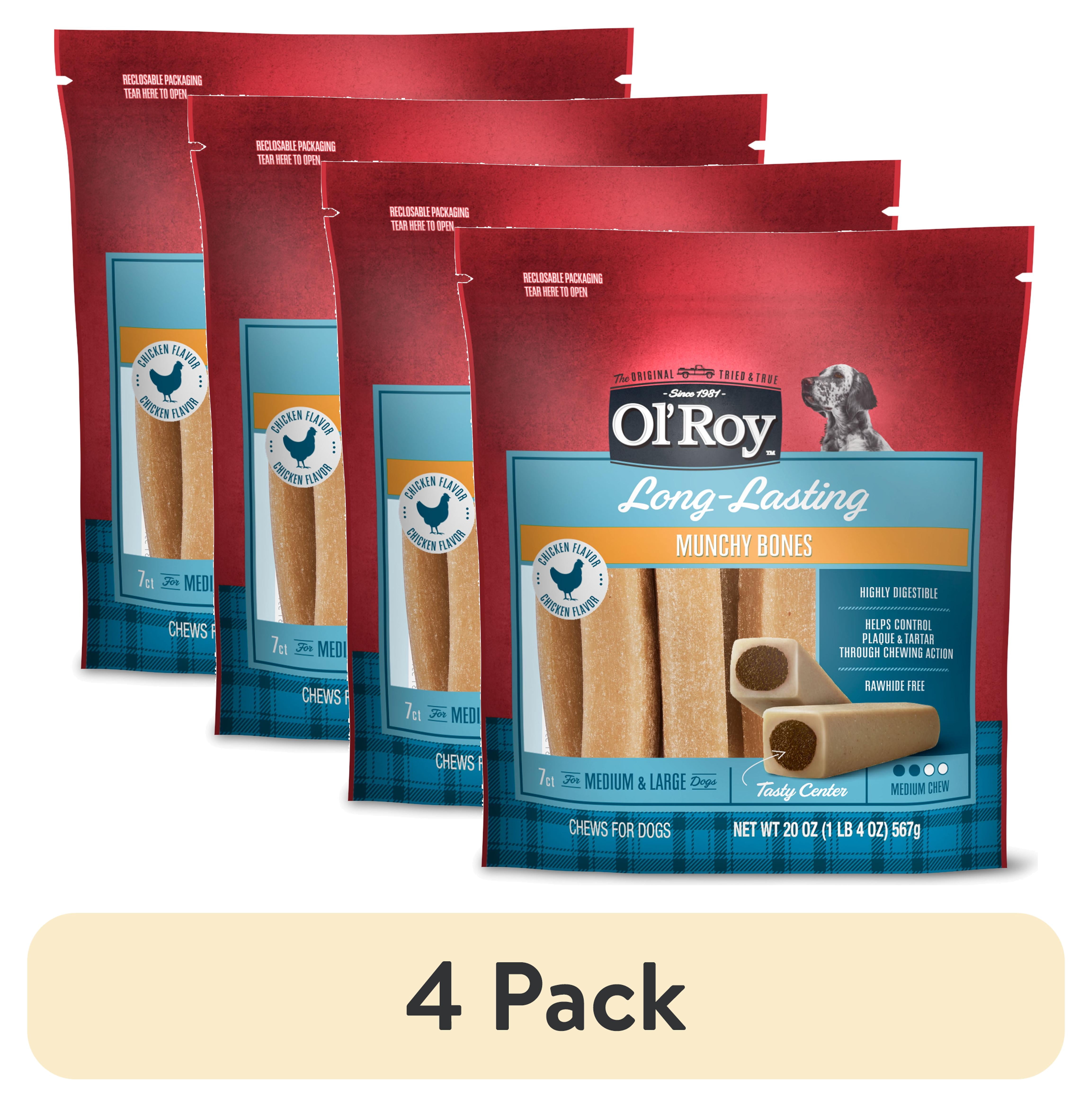 (4 pack) Ol' Roy Long-Lasting Chicken Flavor Munchy Bones Chews for Medium & Large Dogs, 20 oz, 7 Count