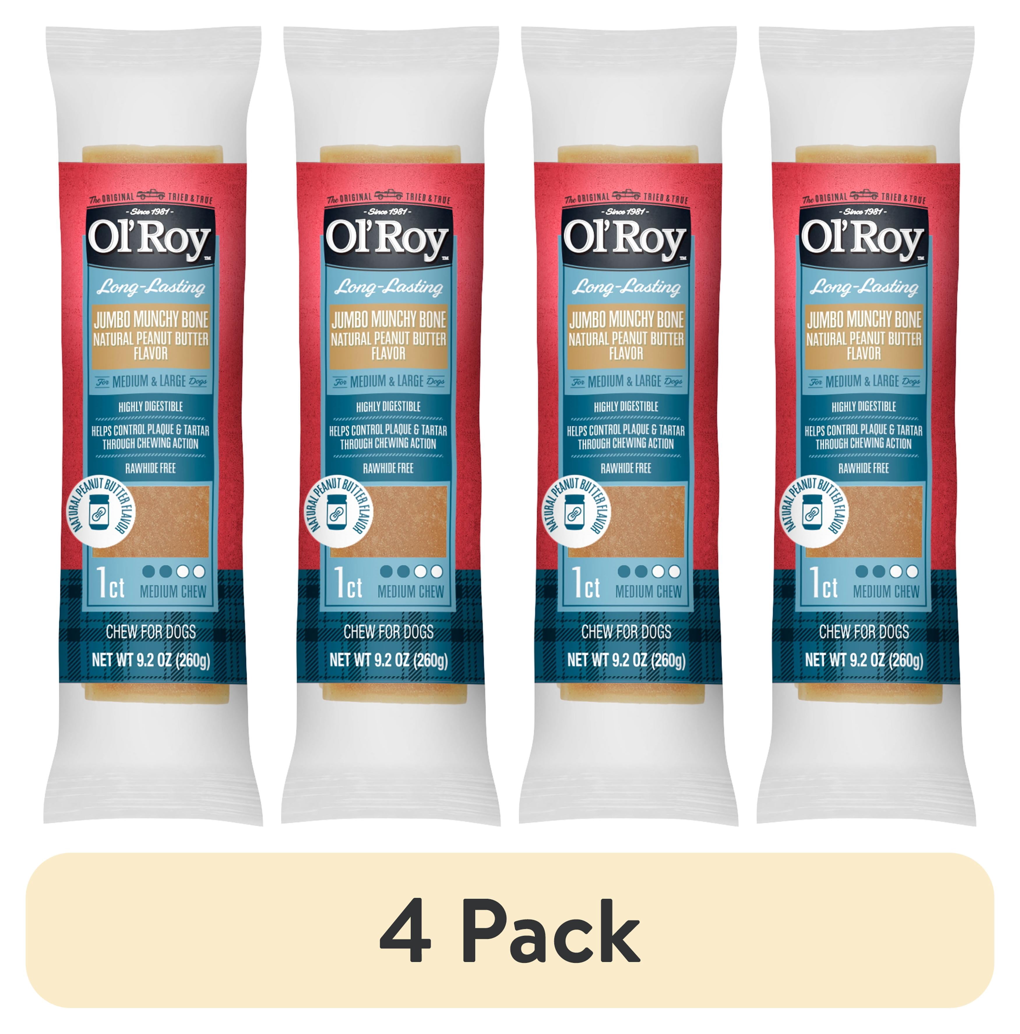 (4 pack) Ol' Roy Long-Lasting Jumbo Munchy Bone, Peanut Butter, 9.2 oz