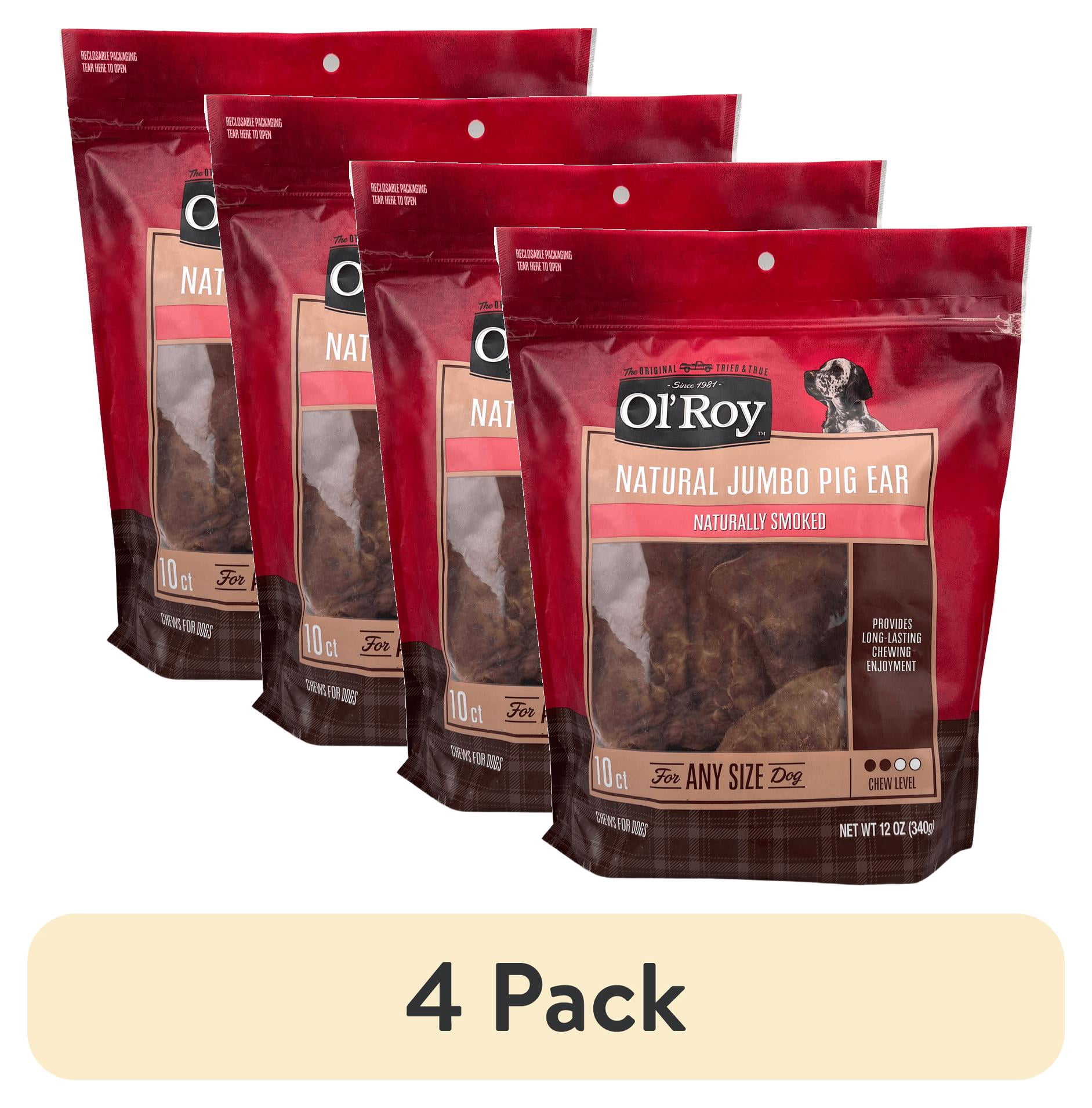 (4 pack) Ol' Roy Natural Jumbo Pig Ear Chews for Dogs, 12 oz, 10 Count