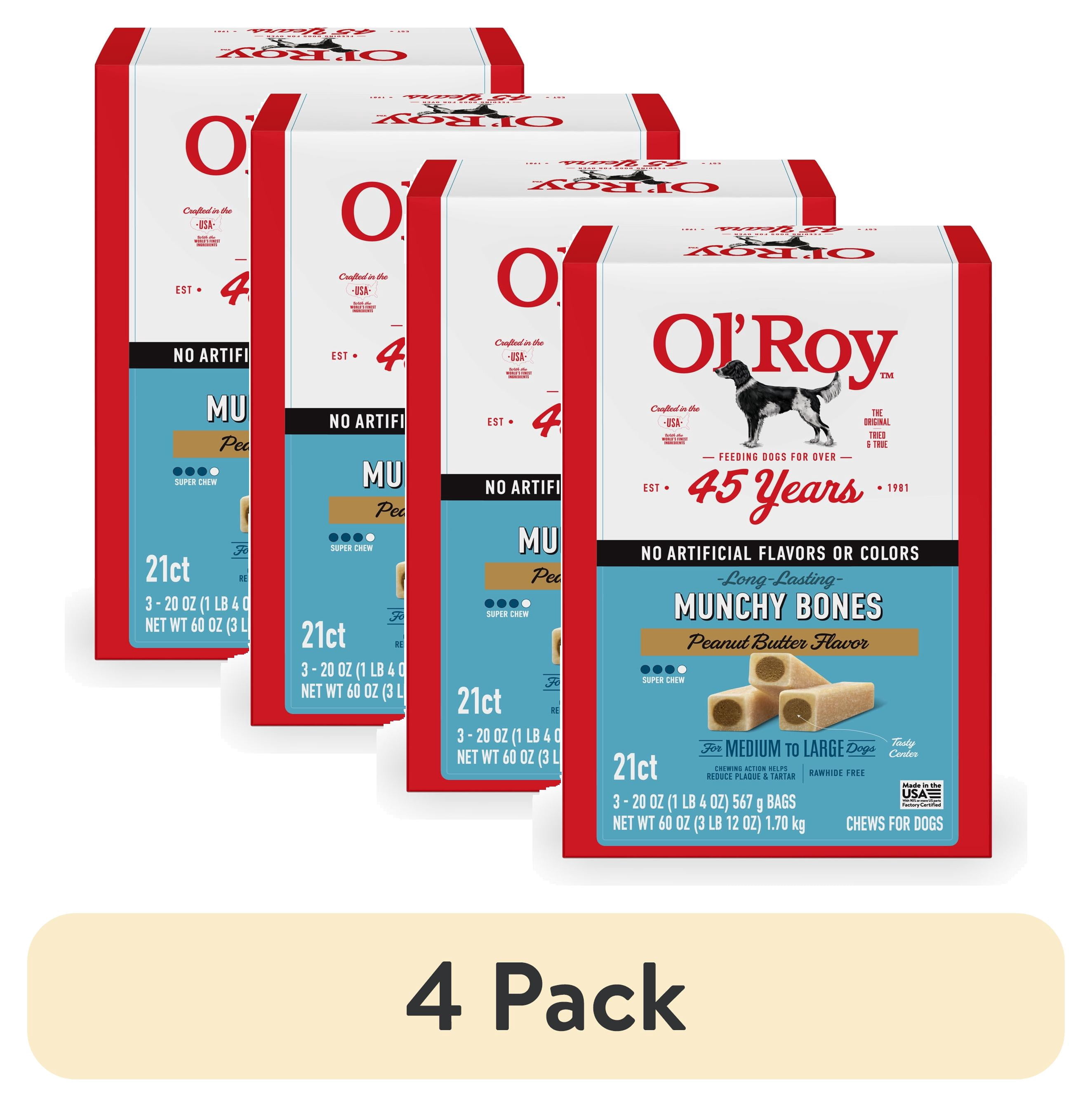 (4 pack) Ol' Roy Munchy Bone Dog Treats, Peanut Butter Flavor, 60 oz, 21 Count