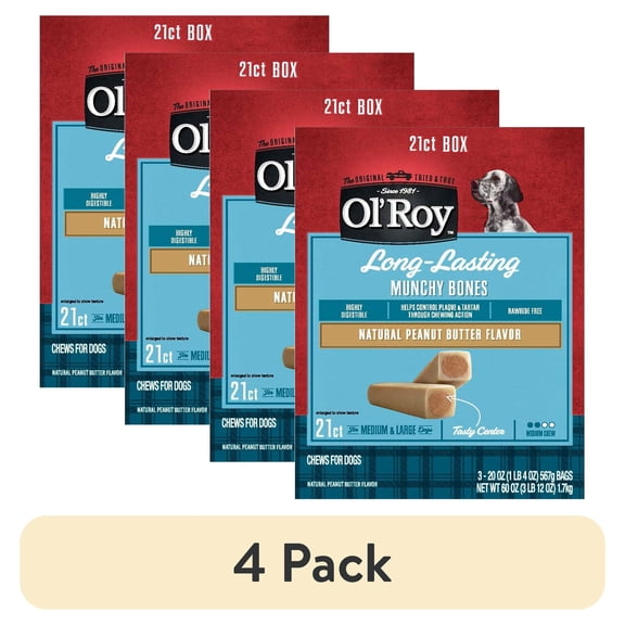(4 pack) Ol' Roy Munchy Bone Dog Treats, Peanut Butter Flavor, 60 oz, 21 Count