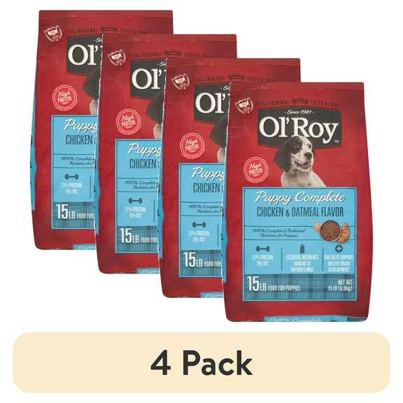 (4 pack) Ol' Roy Puppy Complete Chicken & Oatmeal Flavor Dry Dog Food for Puppies, 15 lbs