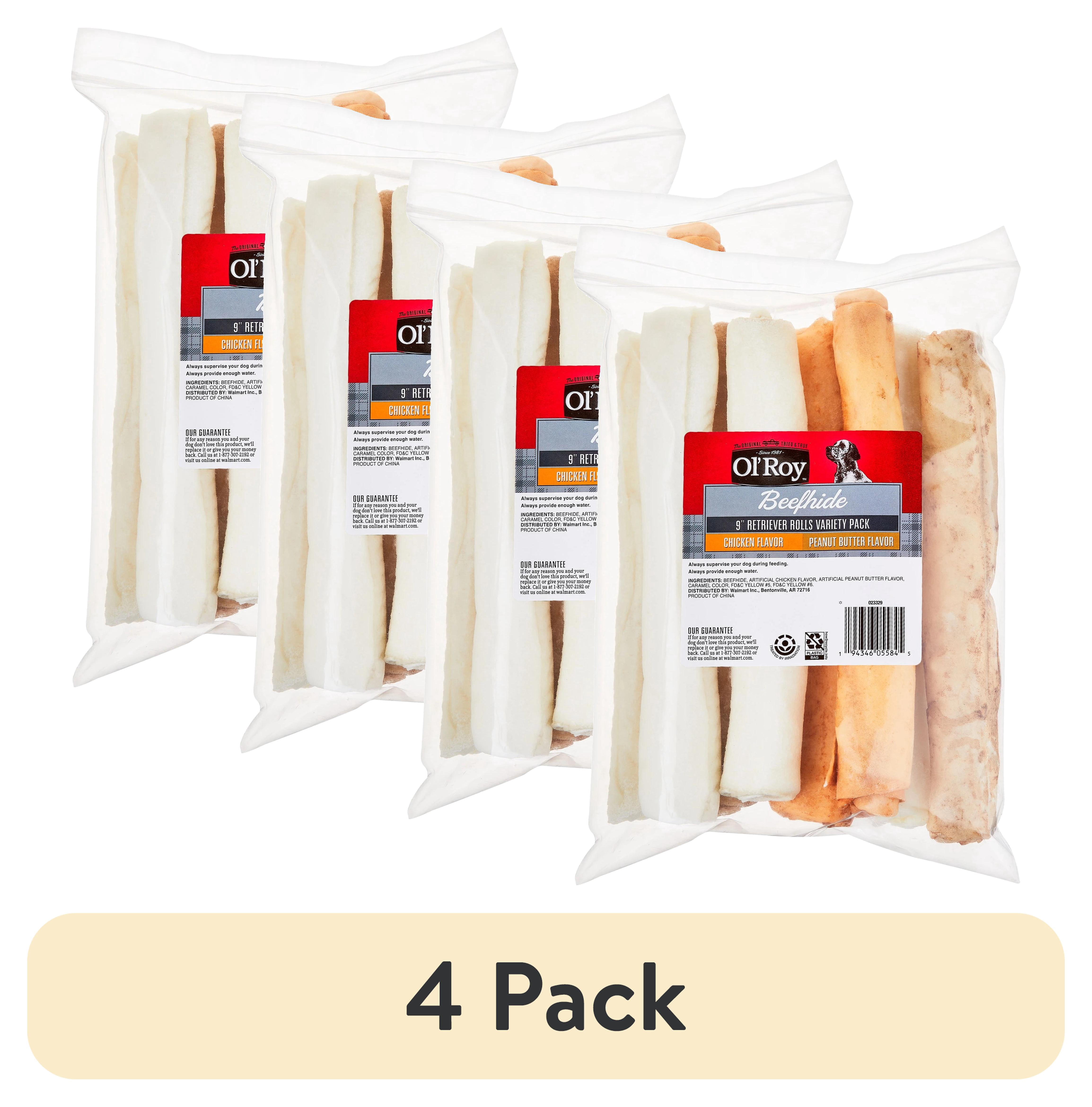 (4 pack) Ol' Roy Rawhide 9-inch Retrievers Multi-Flavored Chews for Dogs, Dry, 21.2 oz, 8 Count