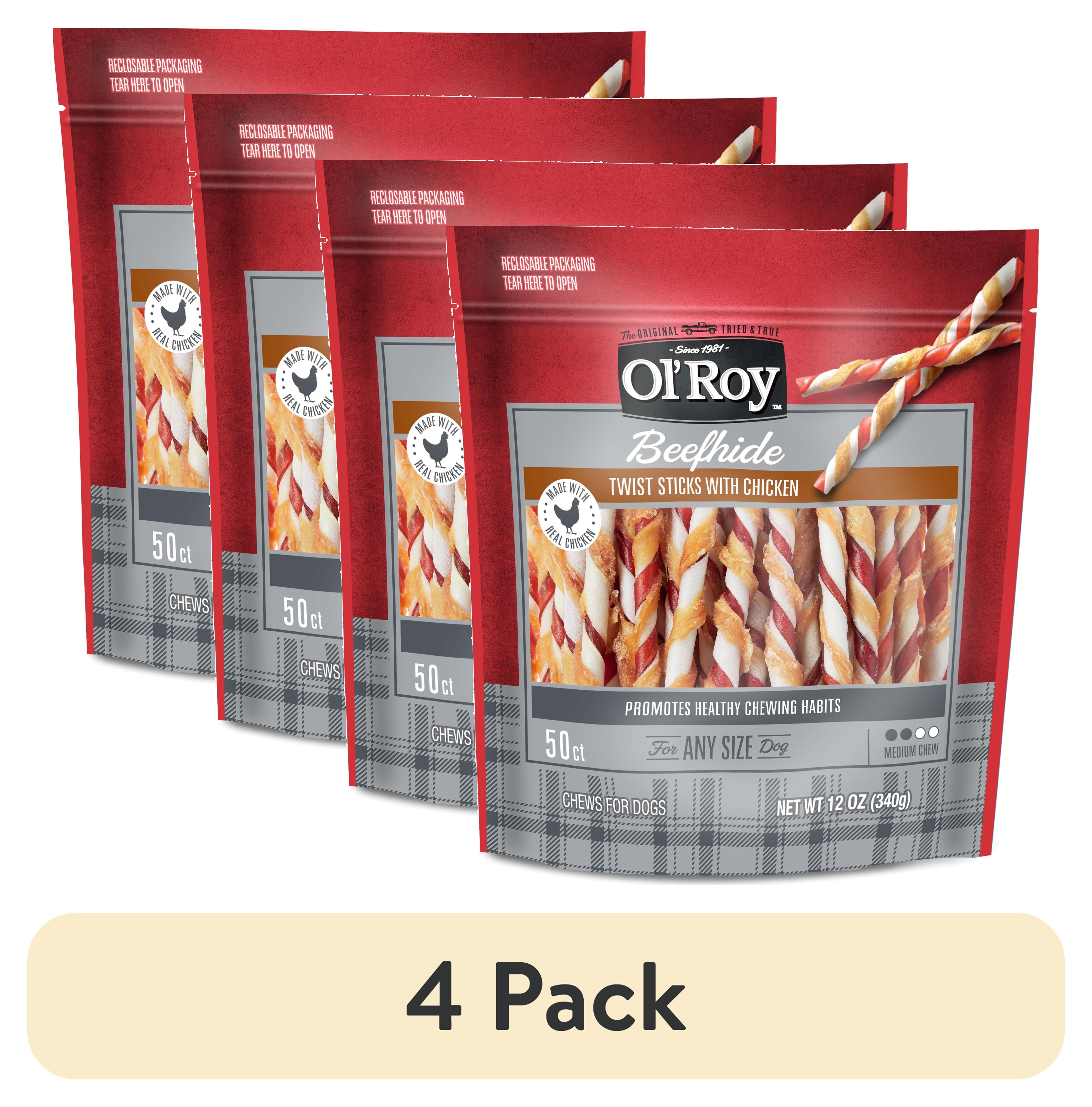 (4 pack) Ol' Roy Rawhide Chicken Sticks, Dog Treats, Chicken Flavor, 5 Inch, 50 Count