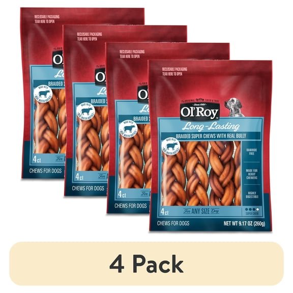 (4 pack) Ol' Roy Rawhide Free Braided Bully Alternative for Dogs, 9.17 oz, 4 Count