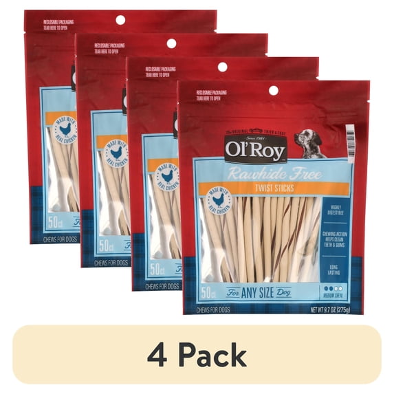 (4 pack) Ol' Roy Rawhide Free Chicken Twist Sticks for Dogs, 9.7 oz. Bag, 50 Treats