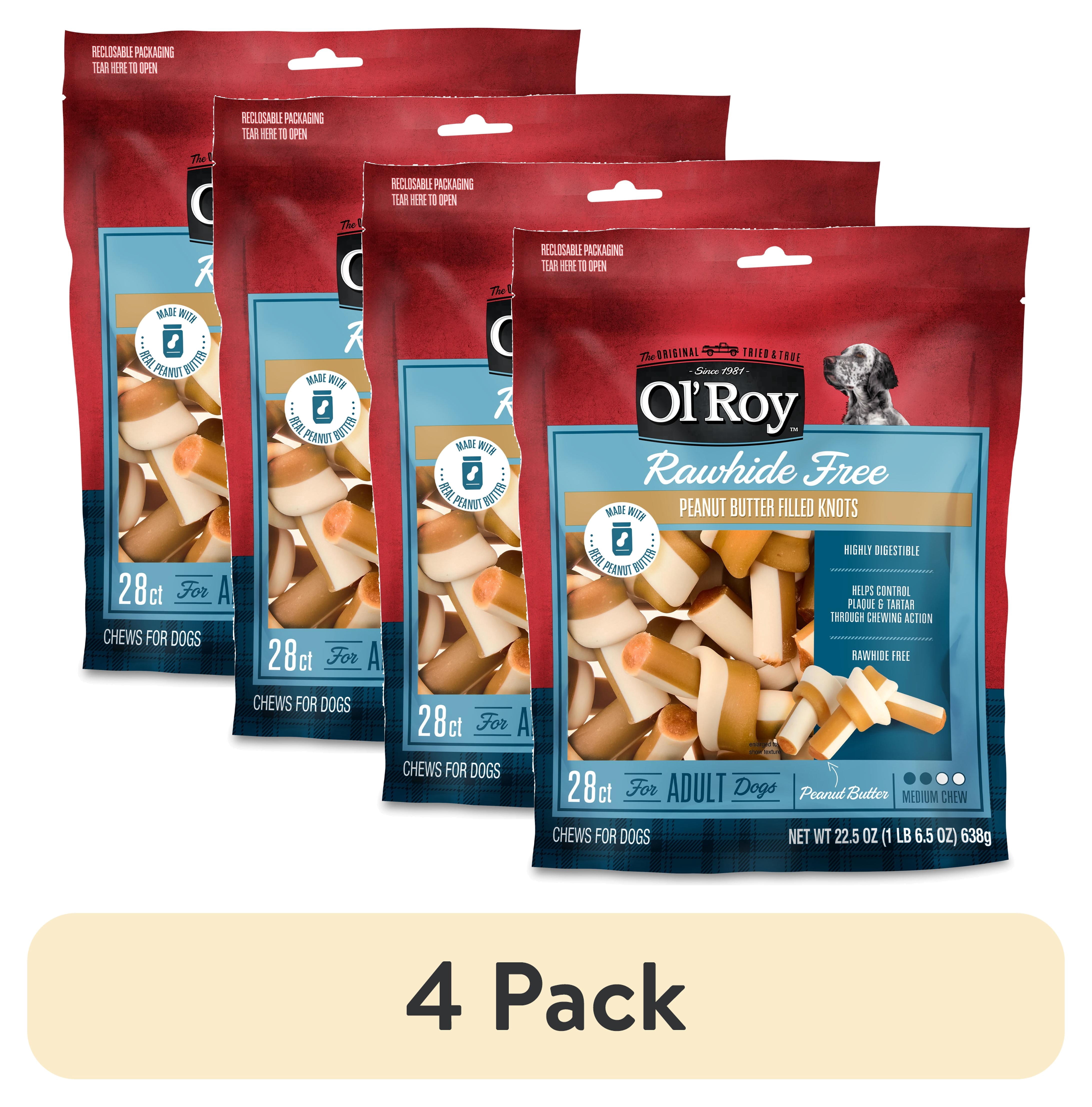 (4 pack) Ol' Roy Rawhide Free Peanut Butter Filled Knots, 22.5 oz Bag, 28 Count