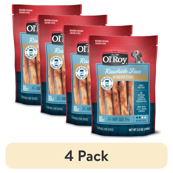 (4 pack) Ol' Roy Rawhide Free Peanut Butter Retriever Sticks, 3.5 oz, 10 Count