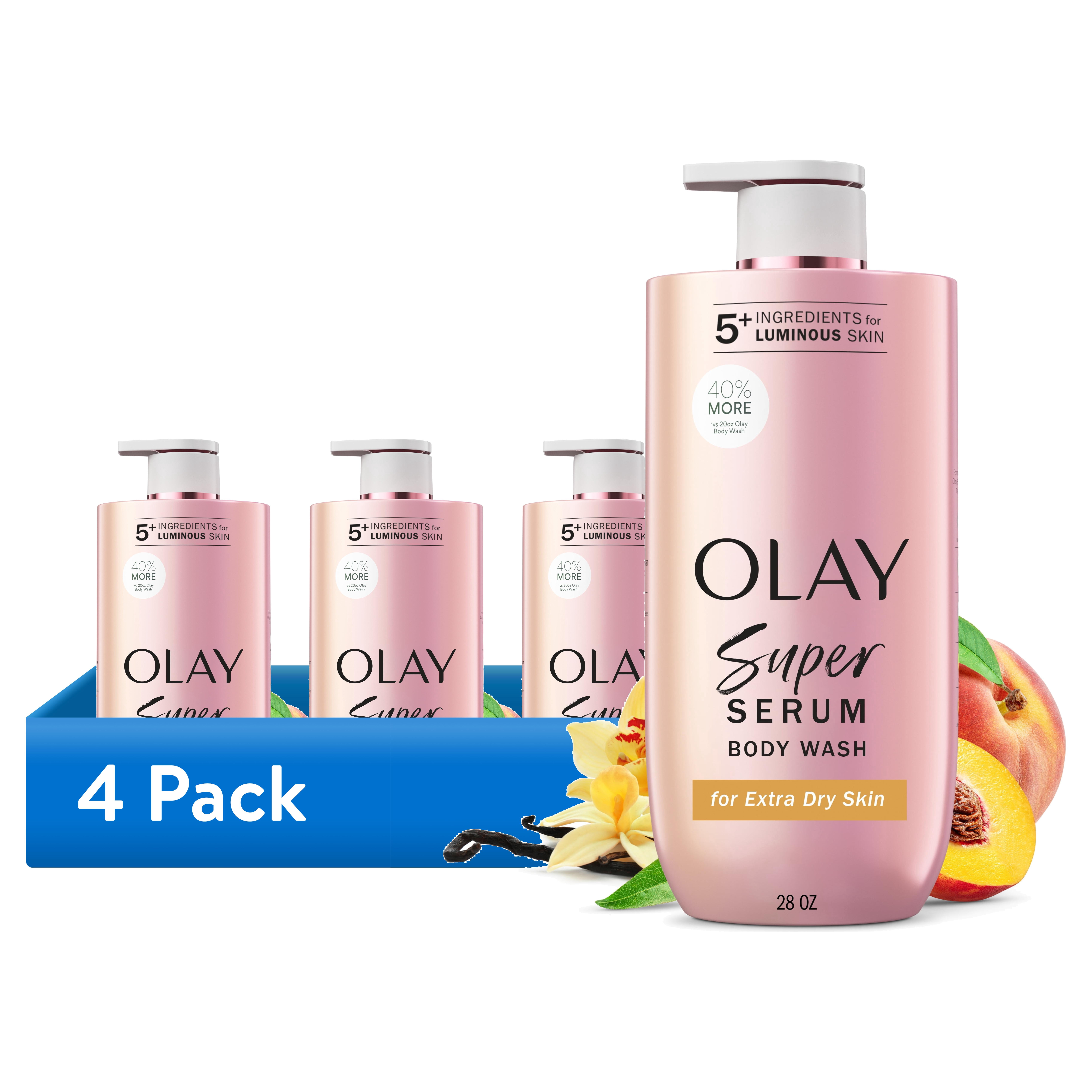 (4 pack) Olay Super Serum Body Wash for Extra Dry Skin, Serum Complex for Luminous Skin, 28 fl oz