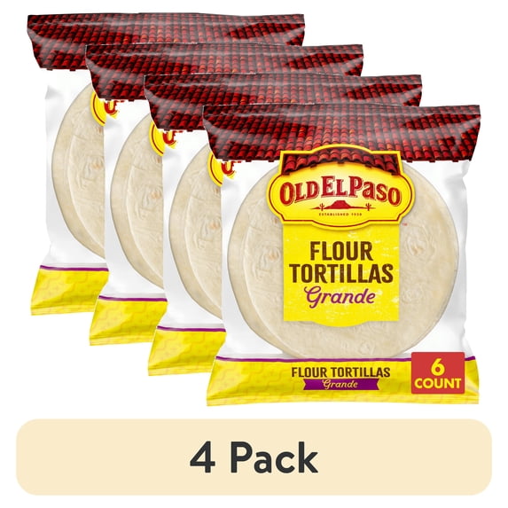 (4 pack) Old El Paso Restaurant Style Grande Flour Tortillas, Meal Prep, 6 Count, 21.5 oz