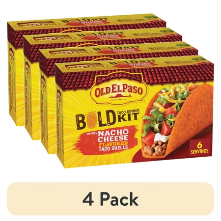 (4 pack) Old El Paso Bold Taco Dinner Kit with Nacho Cheese Flavored Taco Shells, Meal Prep, 9.5 oz