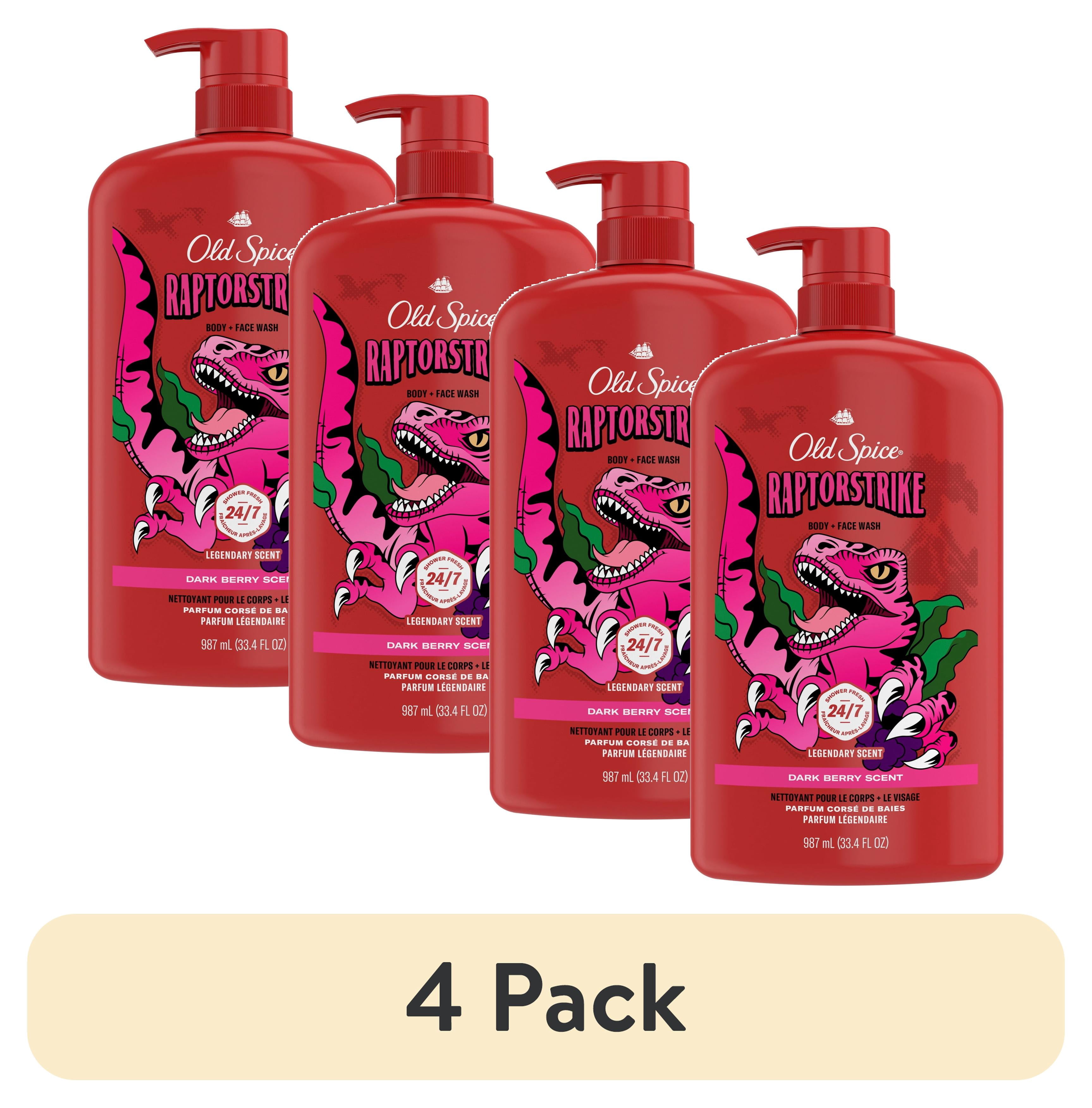 (4 pack) Old Spice Cleansing Body Wash for Men, 24/7 Shower Clean with Lasting Scent, 2 in 1 Face and Body Wash, Rich Lather, Raptorstrike, Dark Berry Scent, 33.4 fl oz