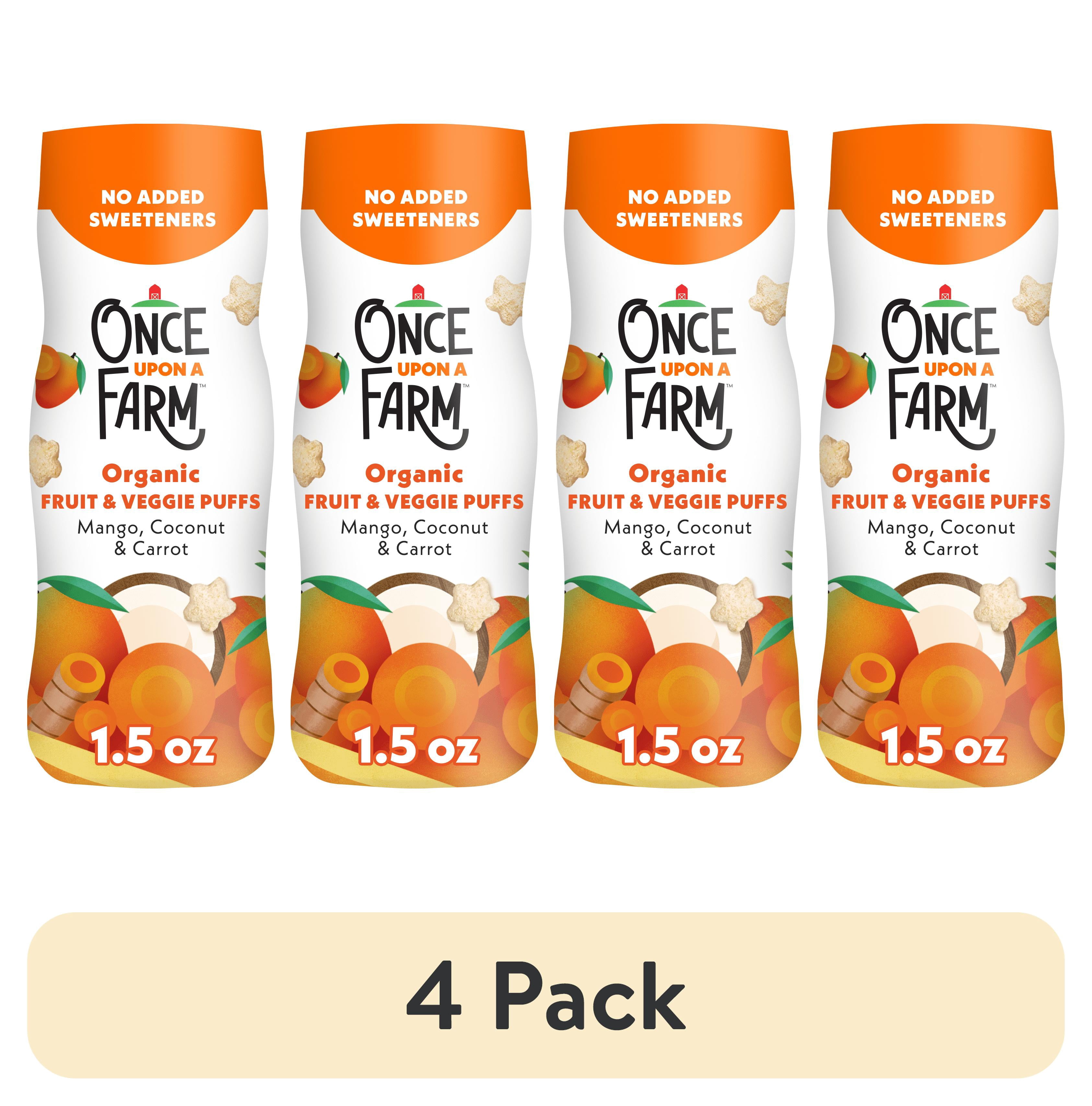 (4 pack) Once Upon a Farm Organic Baby Puffs, Mango, Carrot & Coconut, 1.5oz Canister