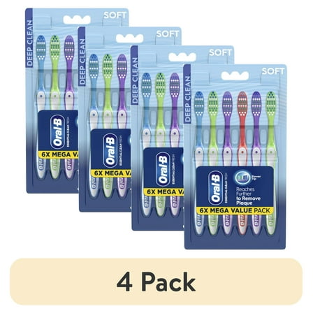 (4 pack) Oral-B Toothbrush Pack, Essential Clean Manual Toothbrushes, Soft Bristles, 6 Count