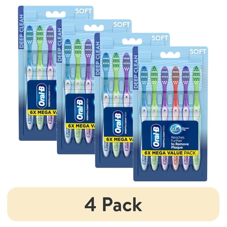 (4 pack) Oral-B Toothbrush Pack, Essential Clean Manual Toothbrushes, Soft Bristles, 6 Count