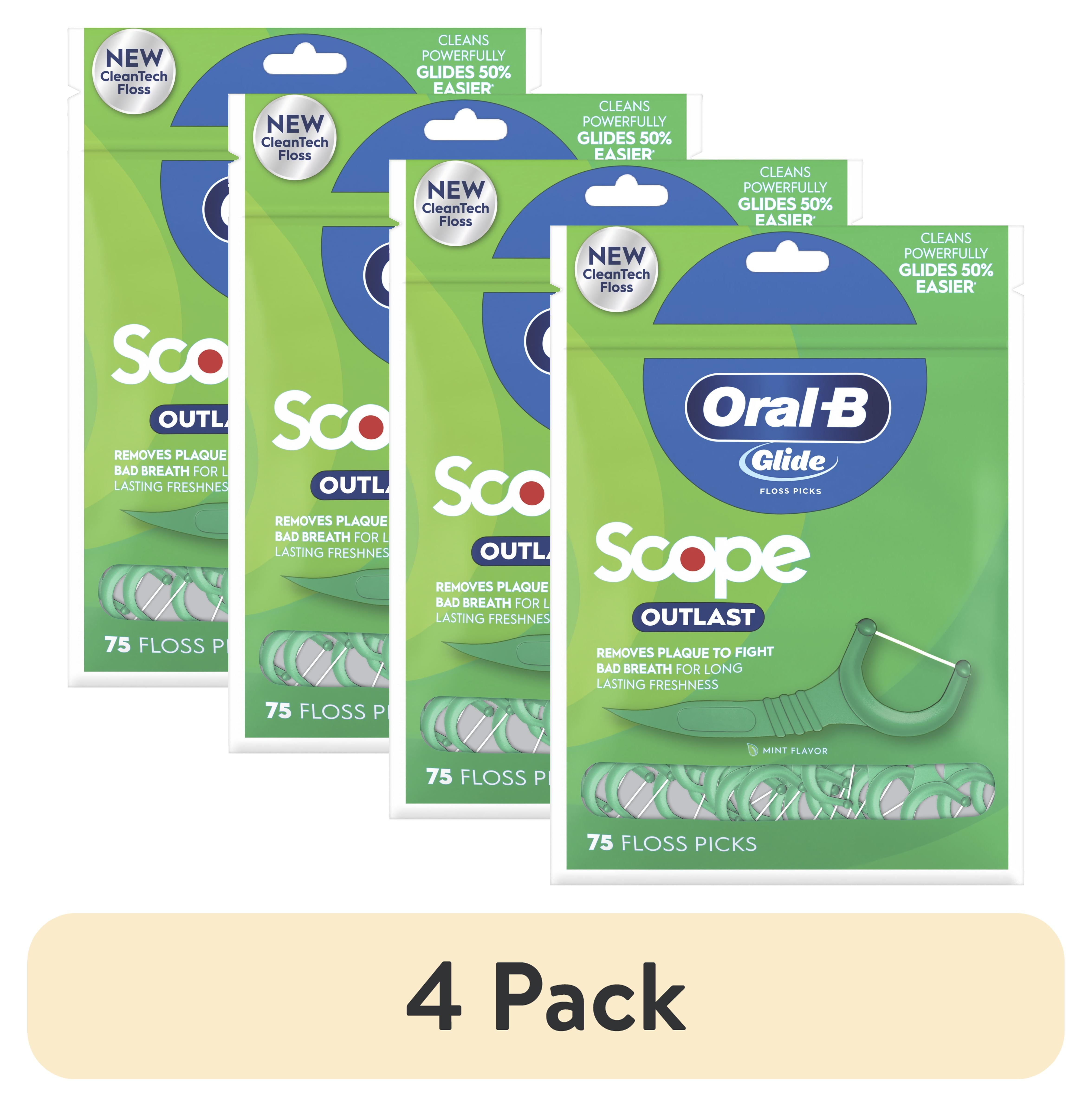 (4 pack) Oral-B Glide with Scope Outlast Dental Floss Picks, Mint Flavored Floss Sticks, 75 Picks
