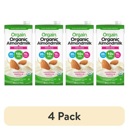 (4 pack) Orgain Organic 10g Plant Based Protein Almondmilk, Unsweetened Vanilla 32oz, 1ct