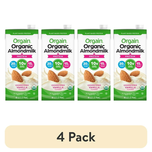 (4 pack) Orgain Organic 10g Plant Based Protein Almondmilk, Unsweetened Vanilla 32oz, 1ct