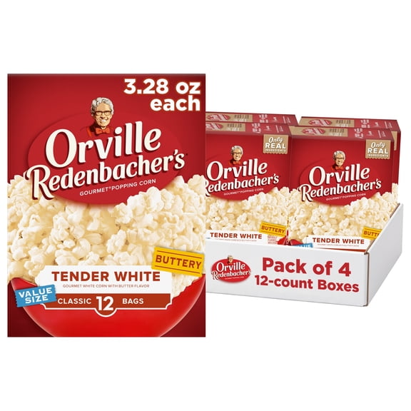 (4 pack) Orville Redenbachers Microwave Popcorn Value Size, White Corn, 3.28 oz., 12-Count