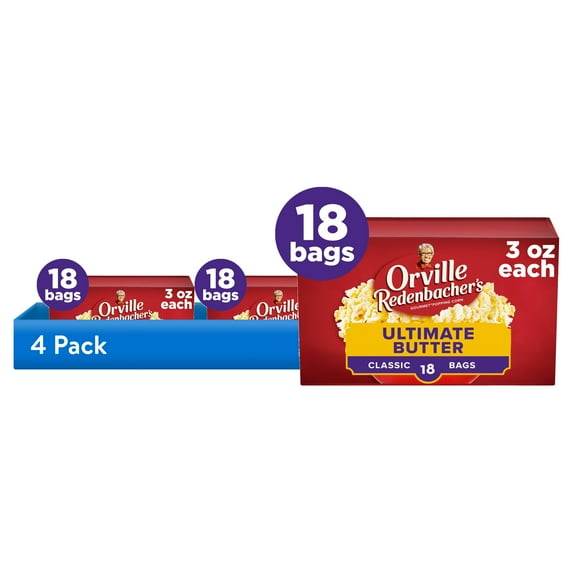 (4 pack) Orville Redenbacher’s Ultimate Butter Popcorn, Microwave Popcorn, 3 oz., 18-Count