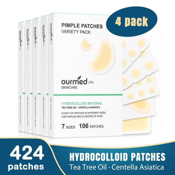 (4 pack) Ourmed Life 106Ct 7 Sizes Pimple Patches Variety Pack Large Hydrocolloid Acne Blemish Patches with Tea Tree Oil for Face Body & Acne Clusters