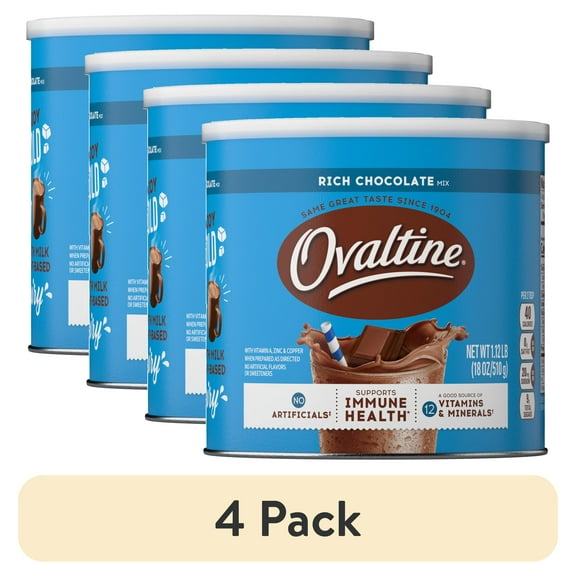 (4 pack) Ovaltine Rich Chocolate Powdered Stir In Drink Mix for Hot and Cold Milk, 18 oz, 46 Servings