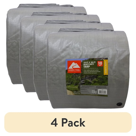 (4 pack) Ozark Trail Heavy-Duty Tarp, 10' x 20', PE Material, 10 Mil, Reinforced Grommets