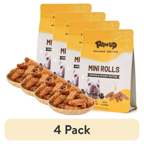 (4 pack) PAWUP Chicken & Peanut Butter Mini Rolls Dog Treats, Rawhide Free Chews, Gentle Digestion, Dental Training Treats for Small Medium Large Dogs, 10.6oz