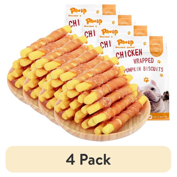 (4 pack) PAWUP Chicken Wrapped Pumpkin Biscuits Dog Treats, Rawhide Free, Promote Digestion Soft Chewy Dog Snacks for All Dogs, 10.6oz