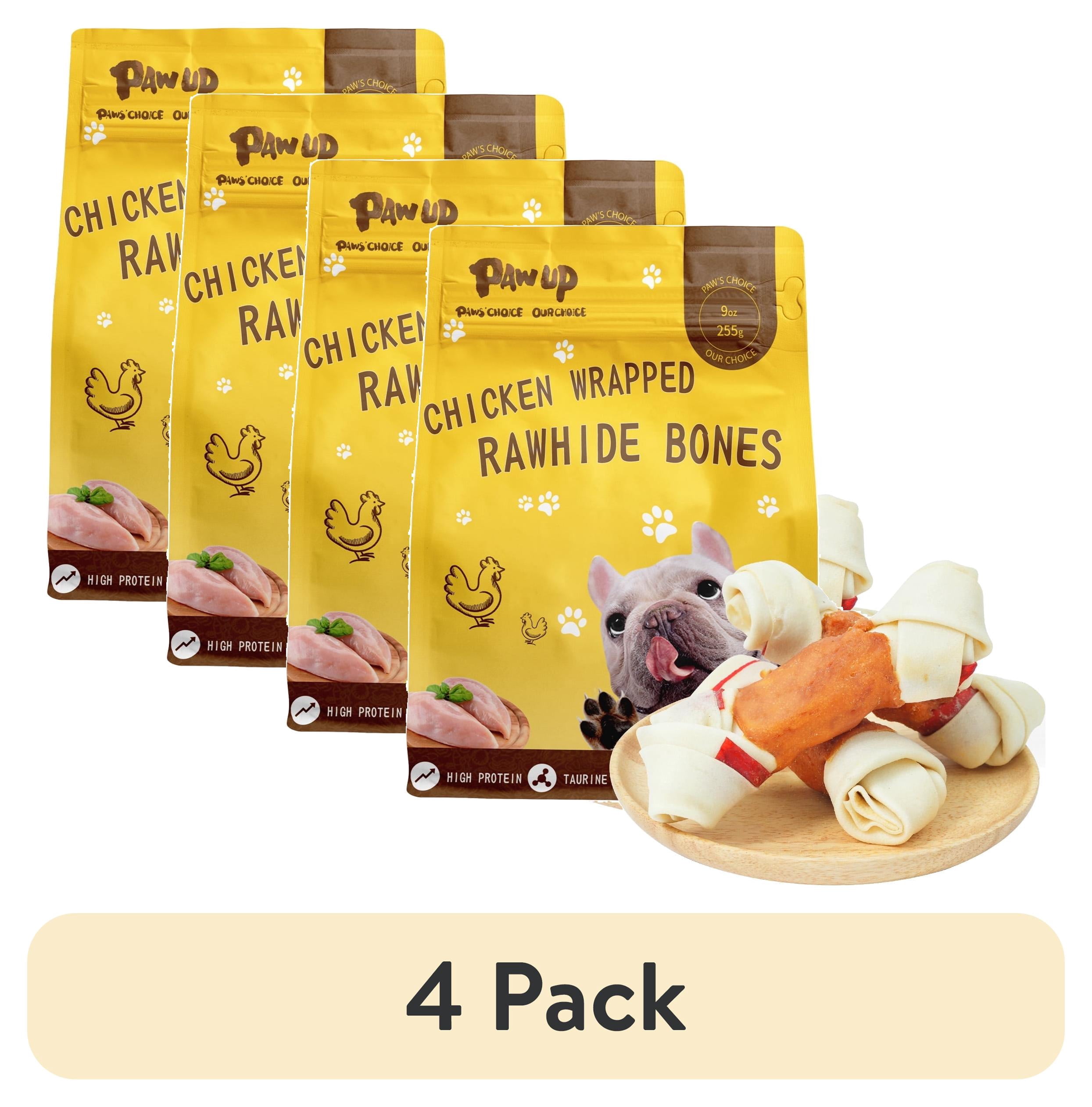 (4 pack) PAWUP Rawhide Dog Bones, Chicken Wrapped Knotted Bones Dog Treats, Long Lasting Dog Chews for Large Dogs, 6.5 Inch Dog Training Treats, 9oz