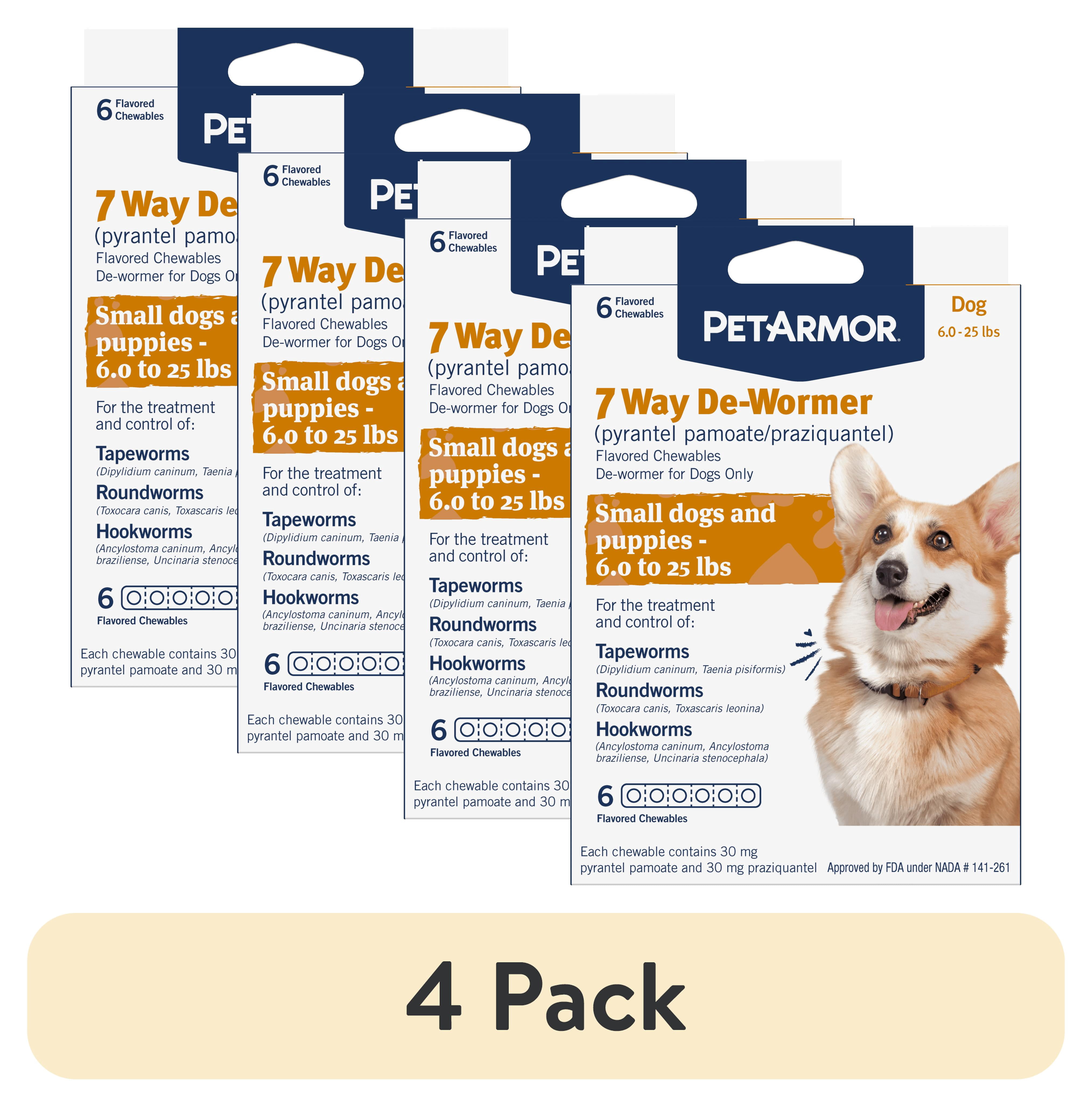 (4 pack) PETARMOR 7 Way De-Wormer for Puppies and Small Dogs, 6-25 lbs, 6 Chewable Tablets