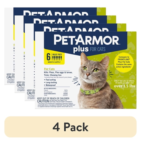 (4 pack) PETARMOR Plus for Cats Over 1.5 lbs, Flea & Tick Prevention for Cats, 6-Month Supply